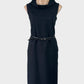 Veronika Maine black sleeveless shift dress with rolled collar, drop waist with skinny belt and straight skirt for office wear.