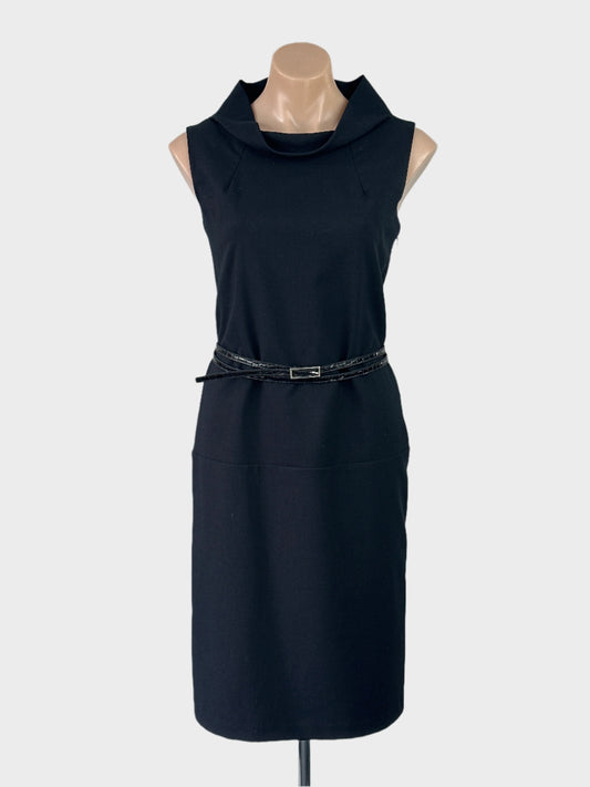 Veronika Maine black sleeveless shift dress with rolled collar, drop waist with skinny belt and straight skirt for office wear.