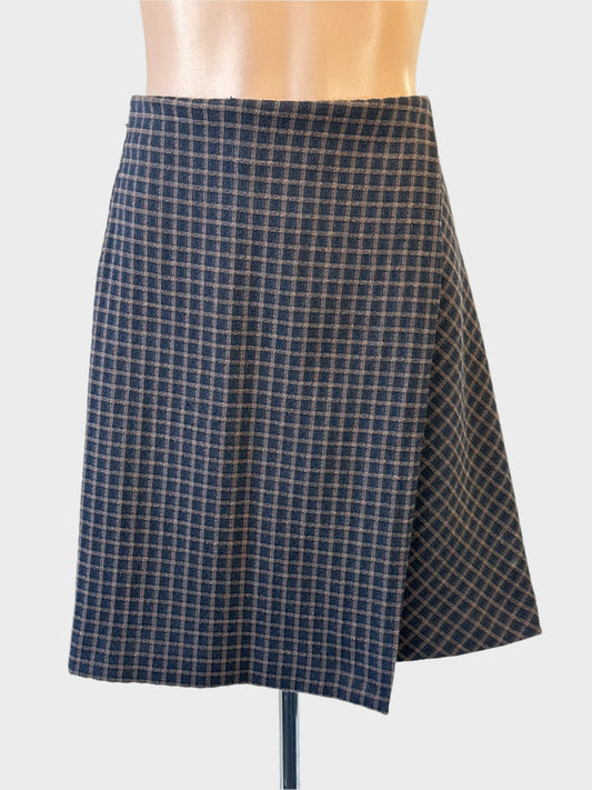 Veronika Maine flared skirt in black and brown check weave with side pleat for office wear.