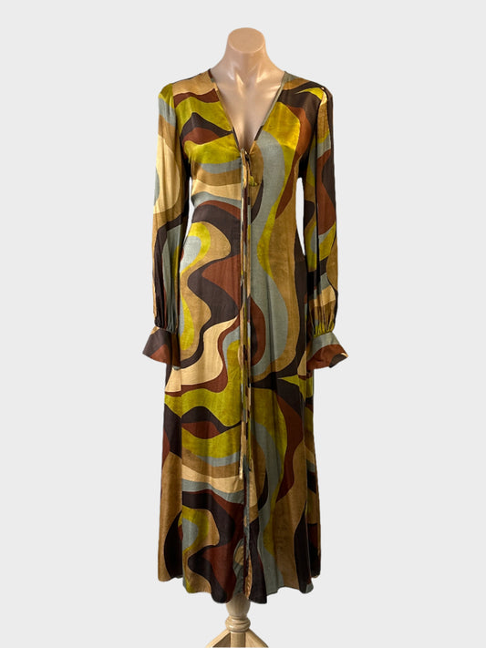 Veronika Maine gold geometric satin maxi dress with tie neck and long sleeves for evening or special events.