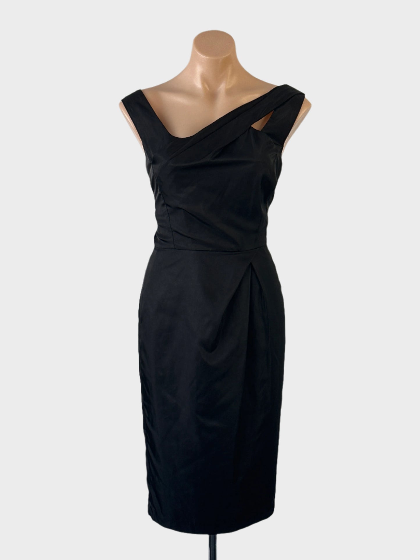 Veronika Maine sheath dress in black satin finish with asymmetric pleated neck and pleated pencil skirt for formal wear.