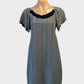 Veronika Maine shift dress in grey and black pure charmeuse silk with pintuck front, flutter sleeves, scoop neck with grosgrain trim and straight skirt for office.