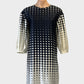 Veronika Maine shift dress in navy blue and cream dot print with balloon sleeves for office or special events wear.
