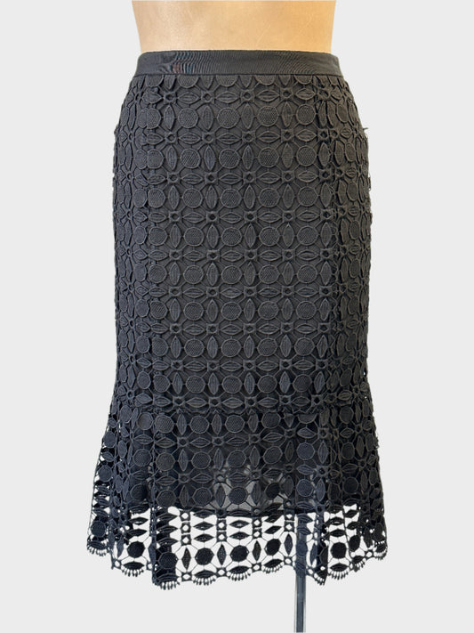 Veronika Maine straight skirt in black with grosgrain waistband and flounce hem for office or smart casual wear.
