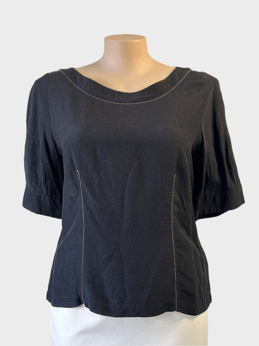 Veronika Maine top in black linen blend with top stitched seams for office or smart casual wear.