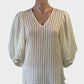 Veronika Maine cream sheer seersucker stripe top with v-neck, puff sleeves and three quarter sleeves for office or special events wear.