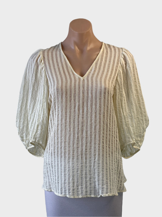 Veronika Maine cream sheer seersucker stripe top with v-neck, puff sleeves and three quarter sleeves for office or special events wear.