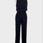 Designer Victoria Beckham navy sleeveless pantsuit with blouson bodice, open back and pleated straight legs for evening or special events.