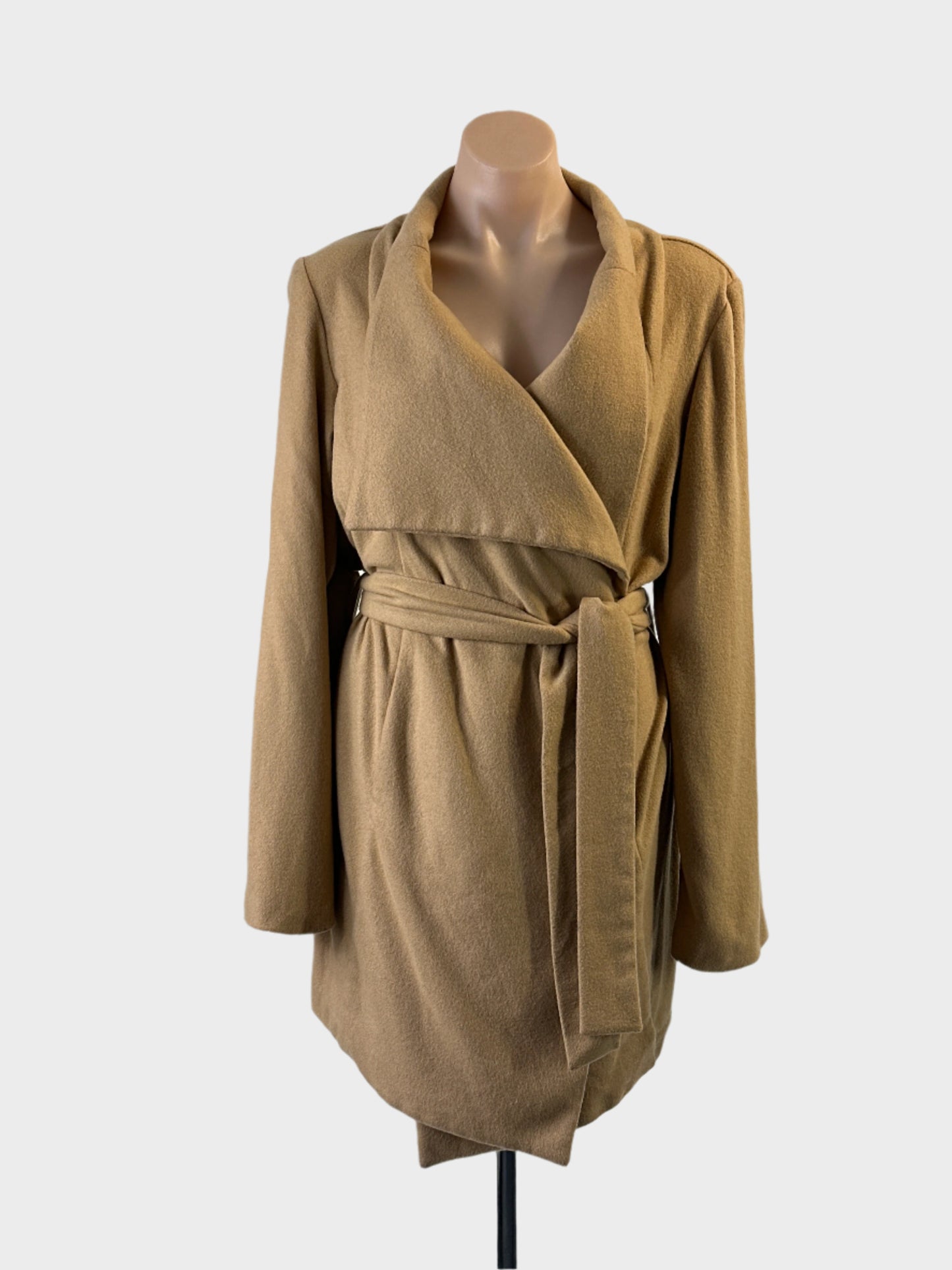 Designer Viktoria & Woods wrap coat in beige with shawl collar and sash tie waist for office or smart casual wear.