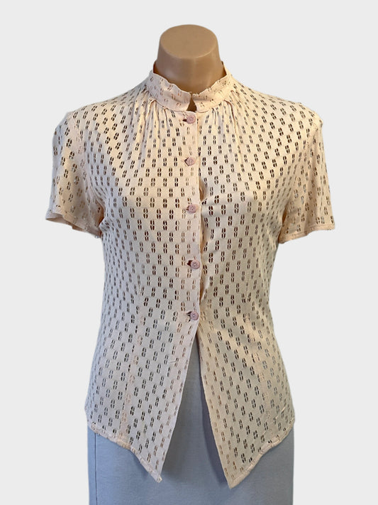 Vintage 50's style shirt in pink eyelet jersey with ornate buttons for smart casual or special events wear.