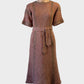 Vintage 70s sweater dress in mauve marled knit with tie waist and short sleeves for smart casual wear.