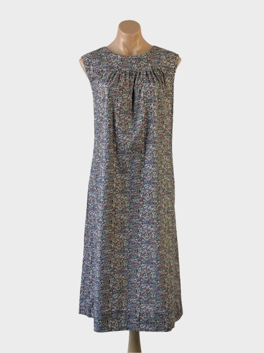 Vintage 80's sleeveless smock dress in blue pure cotton with liberty print, gathered yoke and straight skirt for smart casual wear.