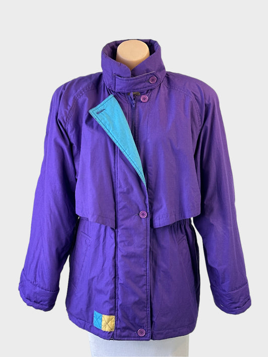 Vintage 80’s Virgo asymmetric parka coat in purple with contrast lining, convertible collar and storm flap detail for smart casual wear.