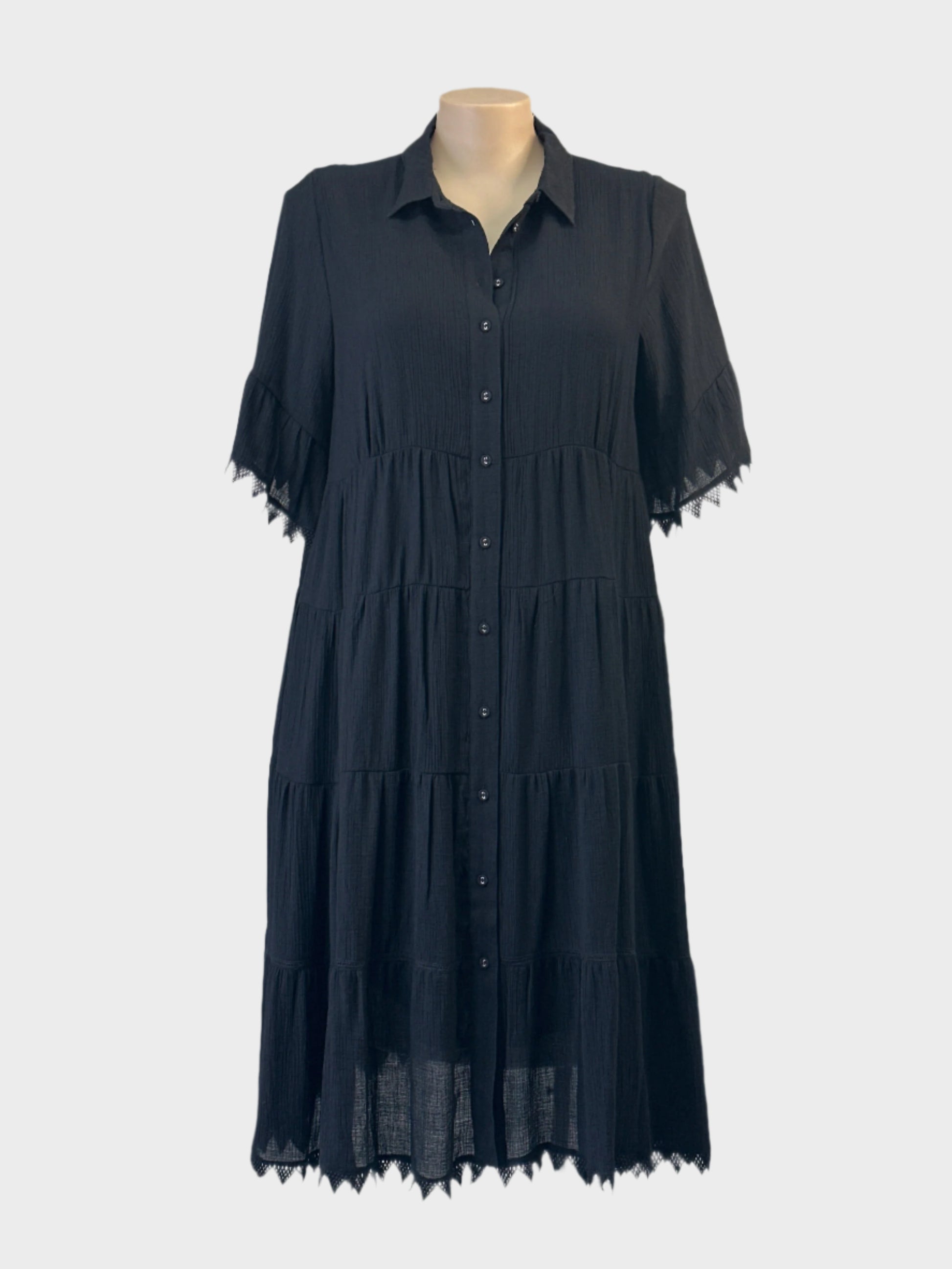 Virtuelle black cheese cloth shirt dress with guipure lace trim and tiered skirt for office or smart casual wear.
