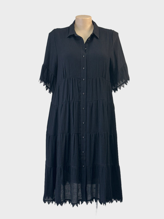 Virtuelle black cheese cloth shirt dress with guipure lace trim and tiered skirt for office or smart casual wear.