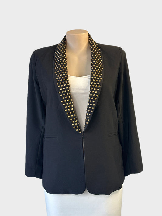 Virtuelle black single breasted jacket with brass studded shawl lapels, open front and jetted pockets, perfect for smart casual or evening wear.