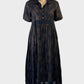 Virtuelle smock dress in black and bronze cotton with fireworks pattern and gathered skirt for smart casual or evening wear.