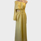 Designer Watson X Watson one shoulder maxi dress in yellow linen with cut out midriff for special events wear.