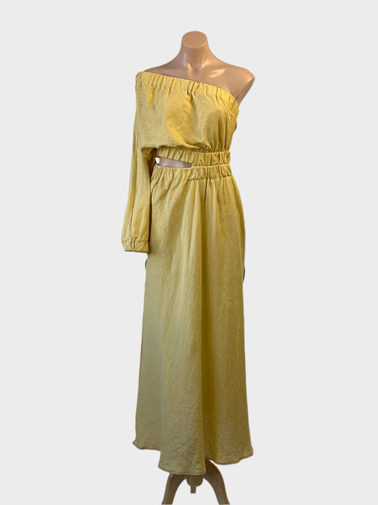 Designer Watson X Watson one shoulder maxi dress in yellow linen with cut out midriff for special events wear.