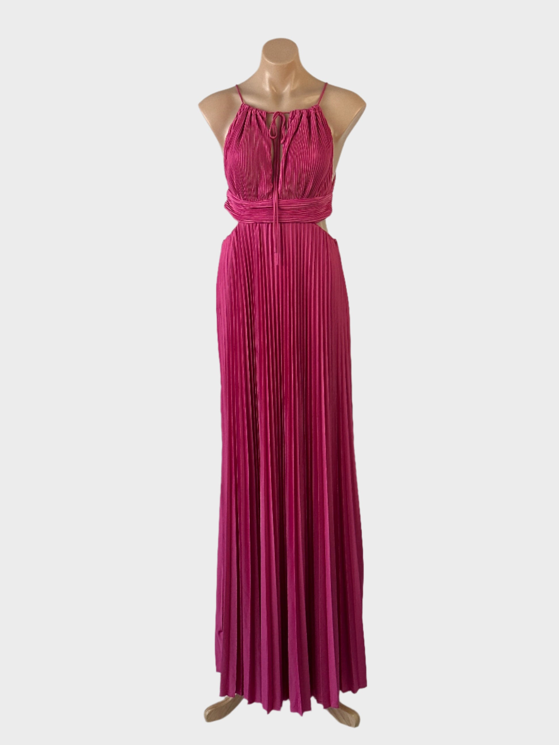 Whyte Valentyne halter neck gown in pink pleated satin with keyhole neck, cut-out midriff and accordion pleated skirt for formal wear.