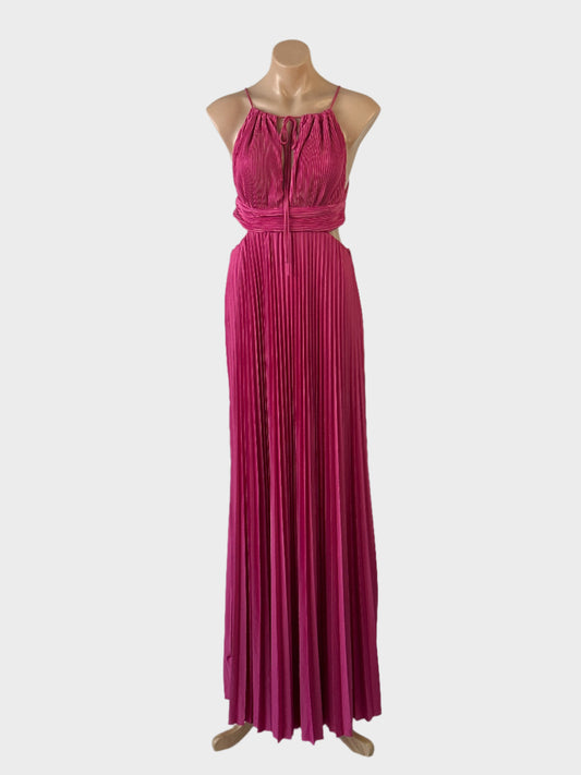 Whyte Valentyne halter neck gown in pink pleated satin with keyhole neck, cut-out midriff and accordion pleated skirt for formal wear.