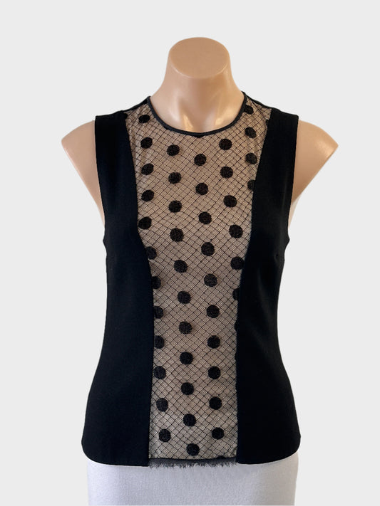 Designer WILLOW sleeveless top in black with embroidered mesh front and back zip for smart casual or evening wear.