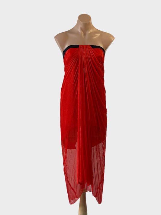 Designer WILLOW strapless gown in red sheer fabric with draped front and high low hem for formal or evening wear.