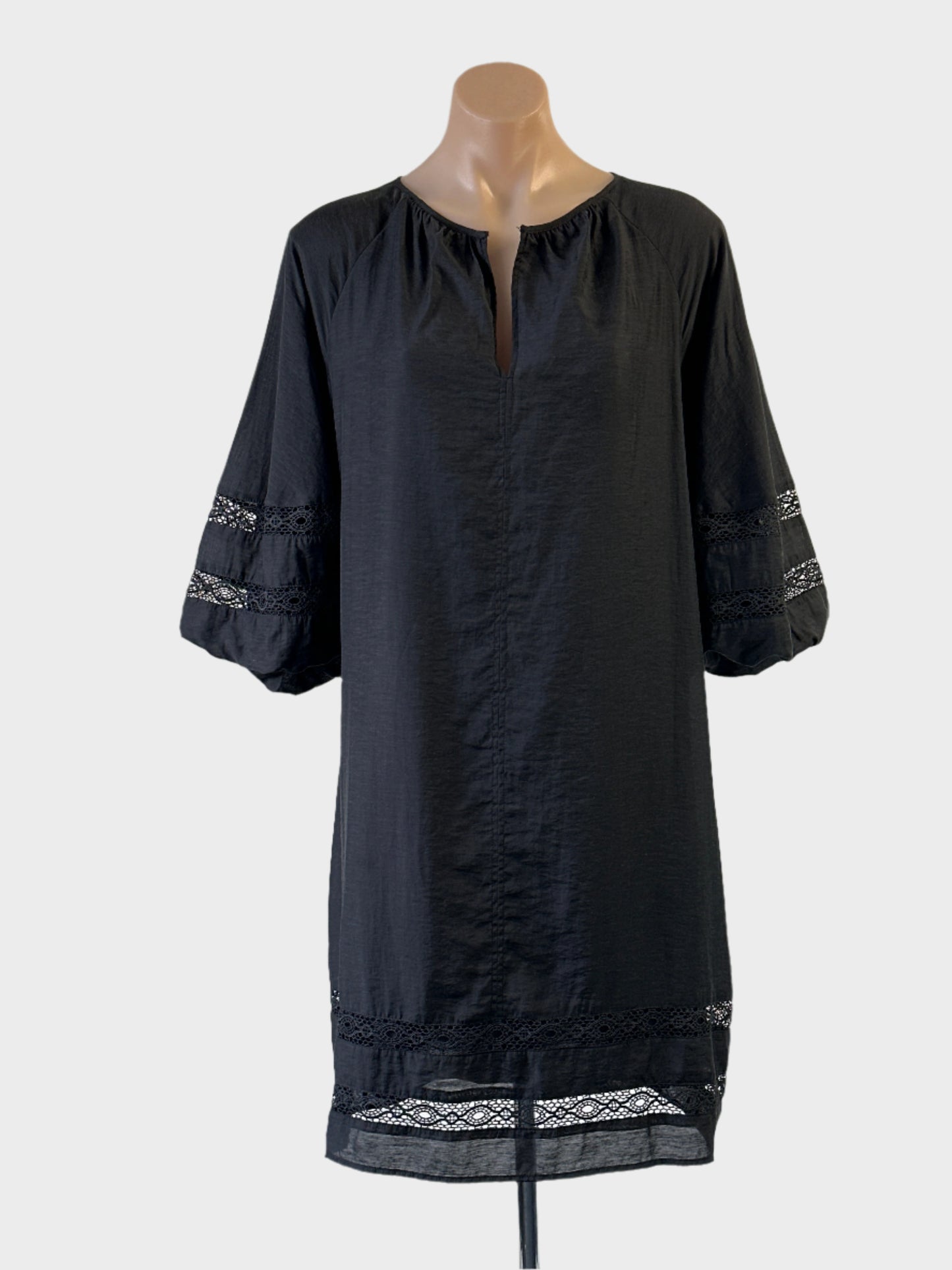Witchery black shift dress with guipure lace inserts and sash tie waist for office or smart casual wear.