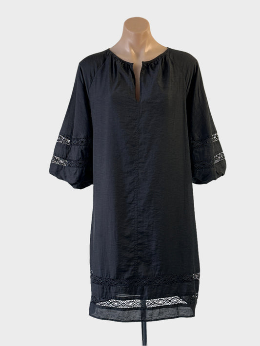 Witchery black shift dress with guipure lace inserts and sash tie waist for office or smart casual wear.
