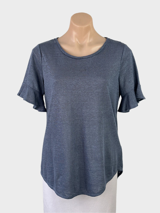 Witchery blue sleeveless top in pure linen jersey with round neck, flounce cuffs and shirt tail hem for smart casual or office wear.