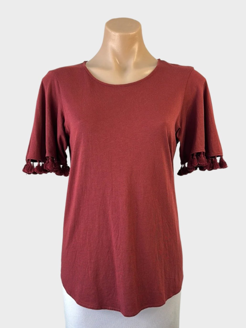 Designer Witchery t-shirt top in dark red jersey with scoop neck and flutter sleeves for smart casual or office wear.