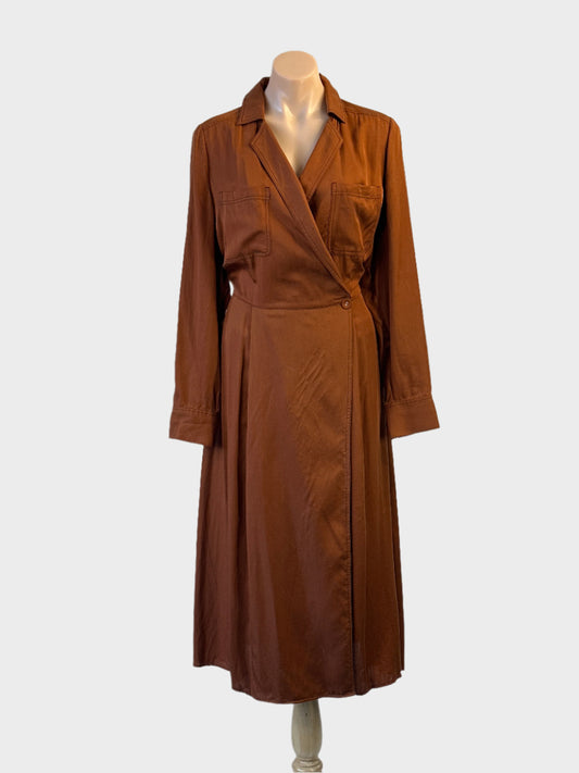 Witchery brown double breasted coat dress with pleated skirt for office or smart casual wear.