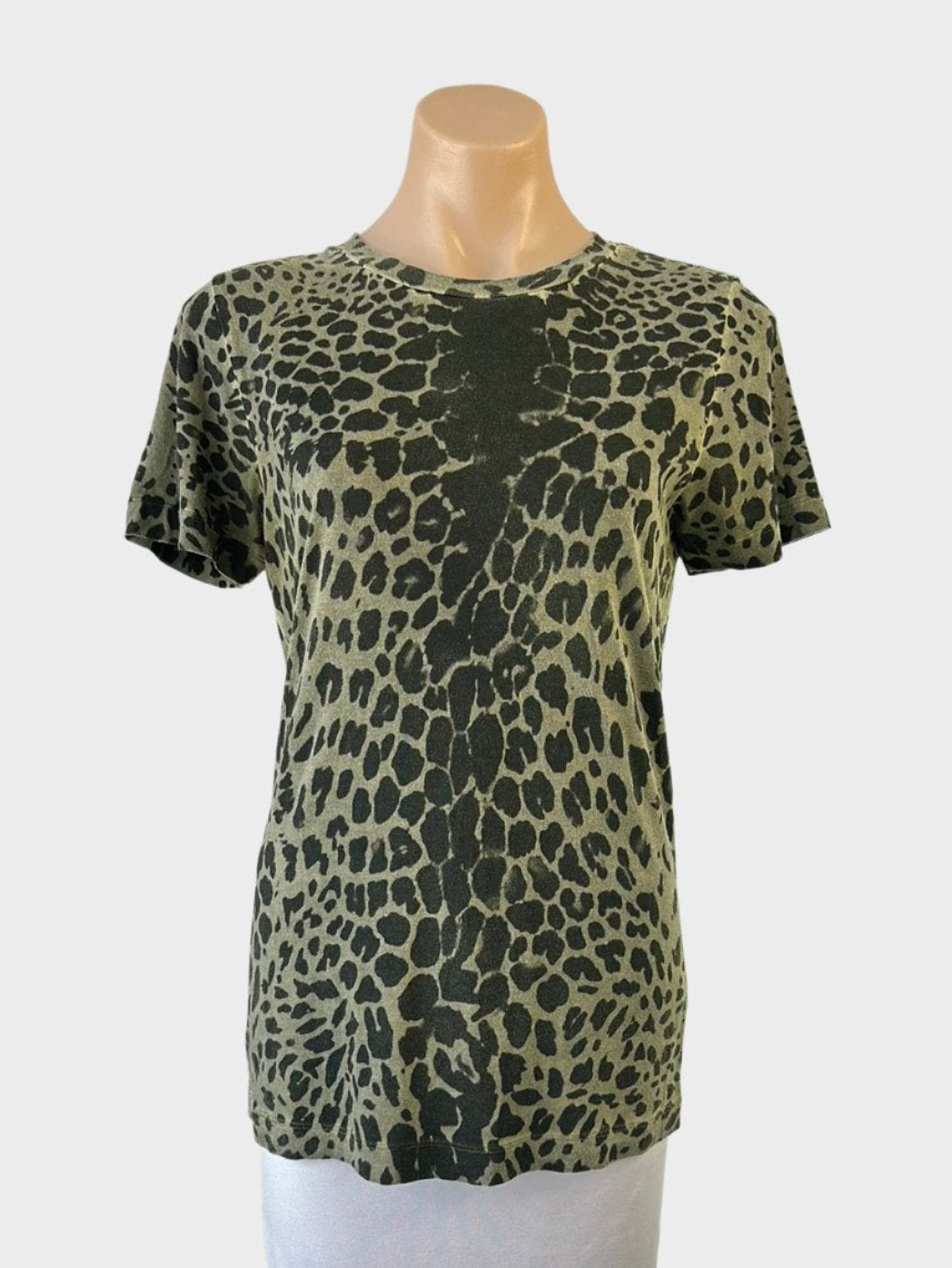 Designer Witchery short sleeve top in green and black reptile print jersey with crew neck for smart casual wear.