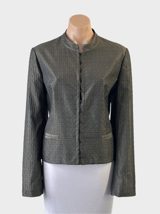 Witchery green quilted peplum jacket with band collar and jetted pockets for office or smart casual wear.