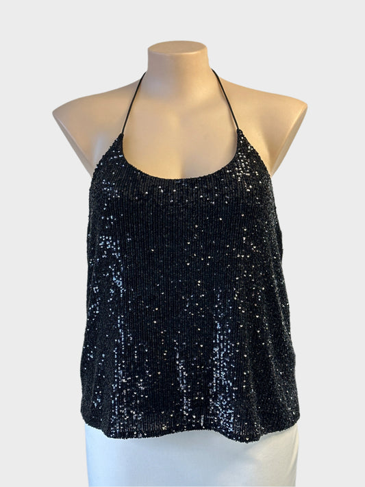 Witchery black sequin halter neck top with spaghetti straps for formal or evening wear.