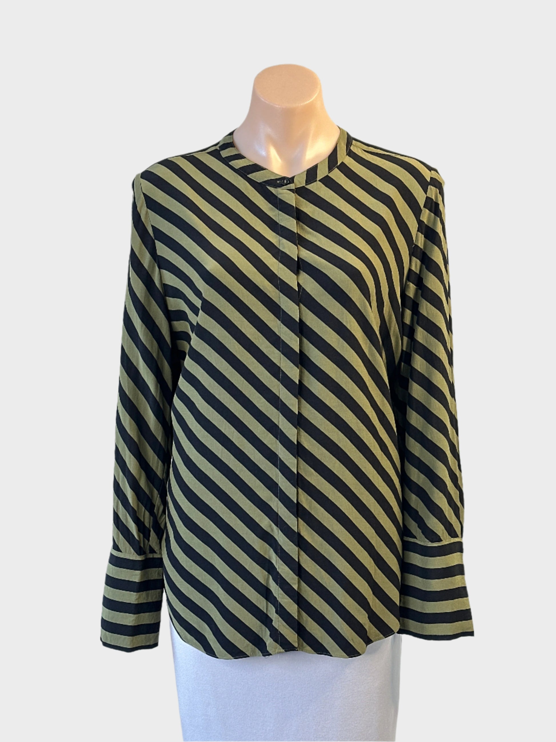 Witchery crepe shirt in green and black stripe print with concealed placket for office or smart casual wear.