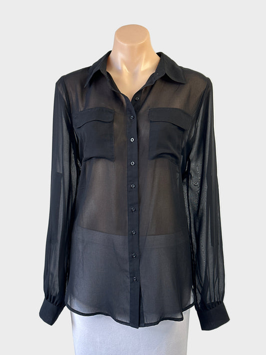 Witchery long sleeve black chiffon shirt with patch pockets and pleated yoke for evening or smart casual wear