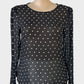 Witchery top in black & white sheer crepe with polka dot print, round neck and keyhole back for office wear.