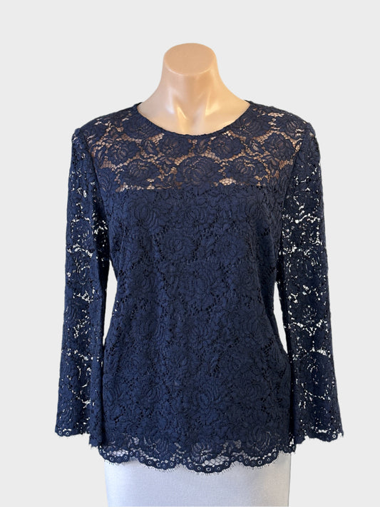 Witchery top in navy lace with scalloped hem and long sleeves for evening or formal wear.
