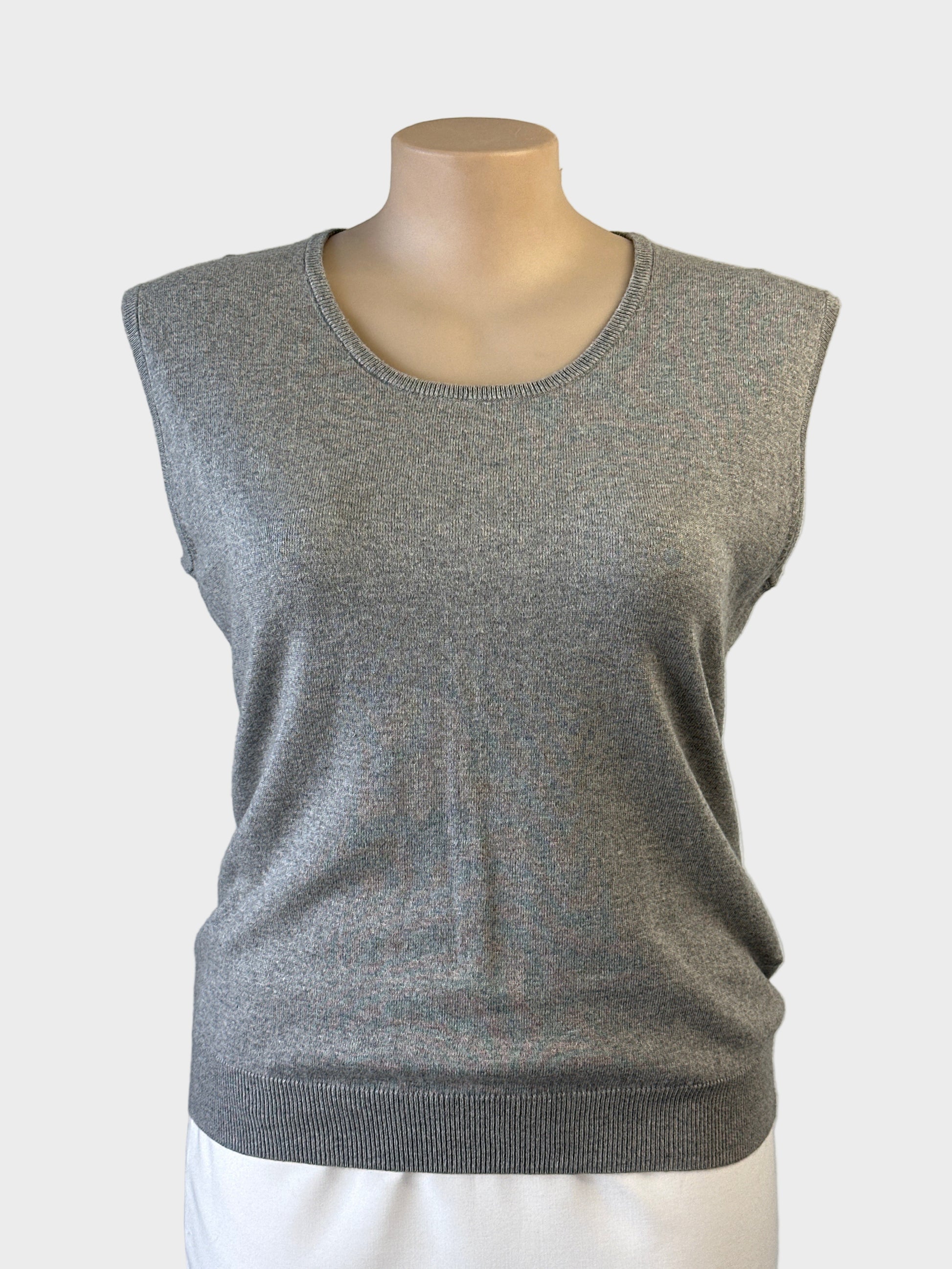 Woolovers dove grey cotton silk vest with round neck, rib trim and wide hip band for smart casual wear