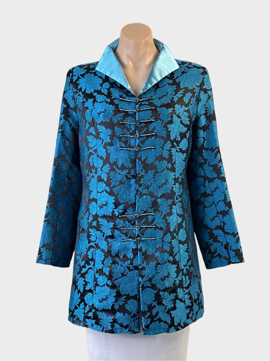 Xiyanghuafu black and blue satin brocade mandarin jacket with frog buttons for special events or evening wear.