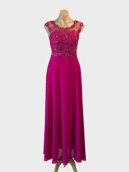 Yan Na pink georgette A-line gown with lace bodice and illusion neck for formal wear.
