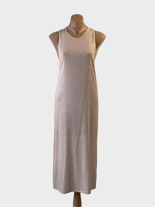 ZARA column gown in pink sequins with keyhole back and straight skirt for special events or formal wear.
