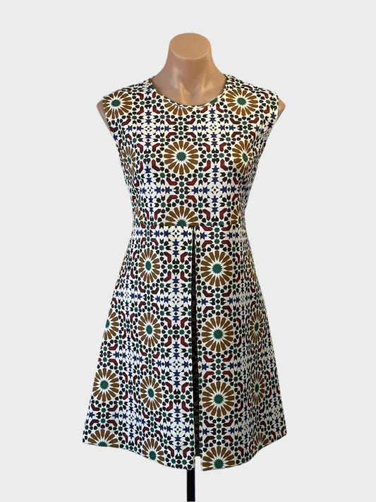 ZARA sleeveless pinafore dress in multicoloured Arabesque print for office or smart casual wear.