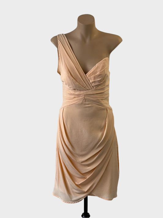 Designer Zimmermann strapless dress in orange with pleated strap and tulip skirt for special events or formal wear.